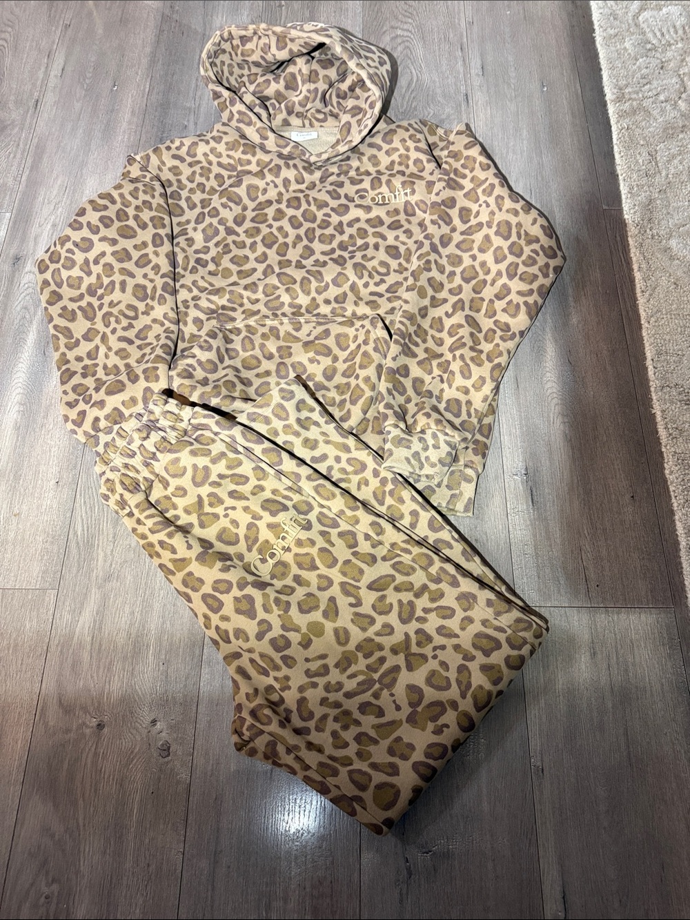 Leopard Print Hooded Pajama Set - Tan